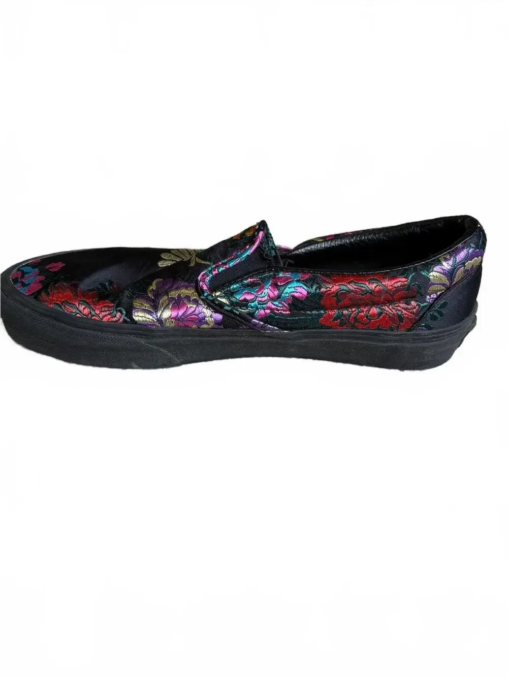 RARE VANS Slip-On Festival Satin Black Floral Brocade Embroidery W 10 M 8.5